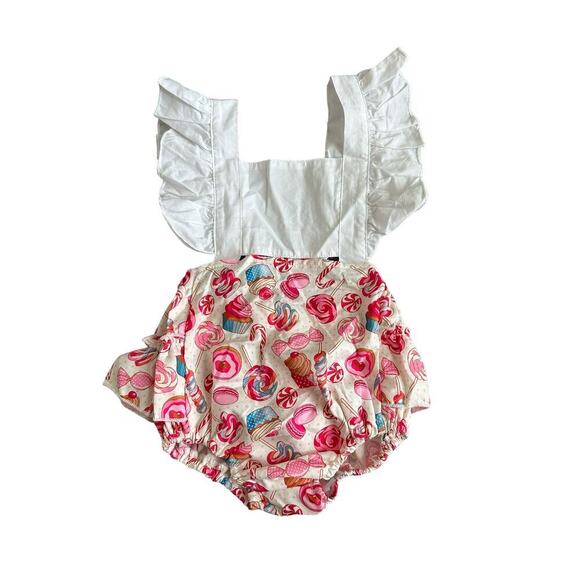 Canrulo Babies 12M Flying Sleeve Lemon Cartoon Cake Print Backless Pink Romper - Picture 2 of 12